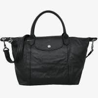 LONGCHAMP 小羊皮短把摺疊包-小-附背帶_黑色