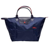 LONGCHAMP 經典Collection系列刺繡摺疊暗釦/拉鍊短提把尼龍水餃包(中-海軍藍色)