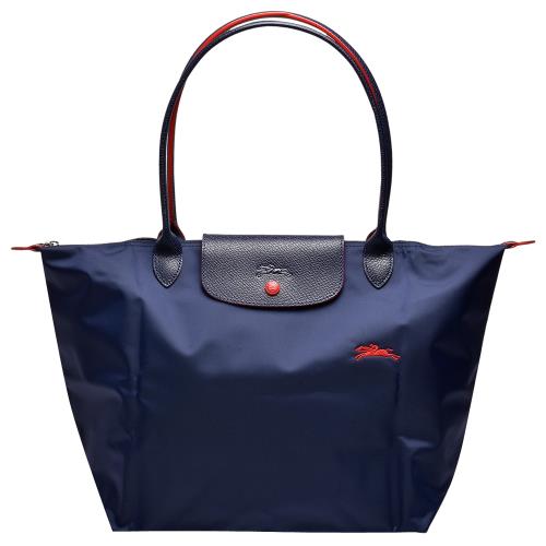 LONGCHAMP 經典Collection系列刺繡摺疊暗釦/拉鍊長提把尼龍水餃包(大-海軍藍色)