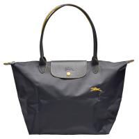 LONGCHAMP 經典Collection系列刺繡摺疊暗釦/拉鍊長提把尼龍水餃包(大-鐵灰色)