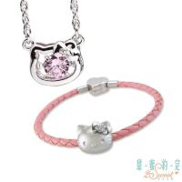 甜蜜約定 HelloKitty 幸運小物純銀項鍊+喜歡妳純銀/皮革手鍊-粉