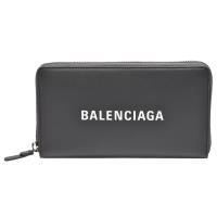 BALENCIAGA 經典EVERYDAY系列品牌字母LOGO壓紋小牛皮拉鍊長夾(化石灰)