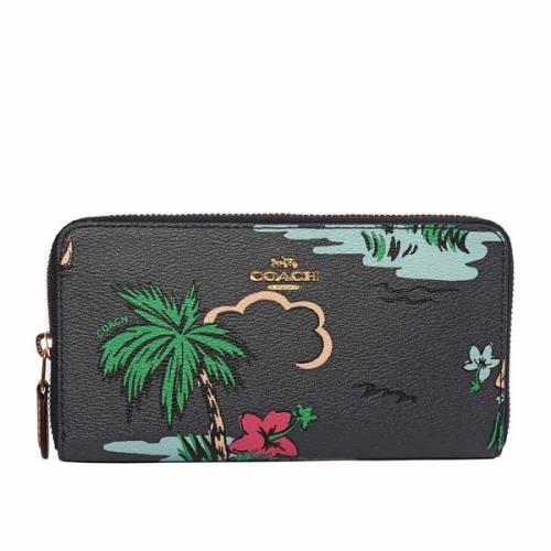COACH 馬車LOGO夏威夷圖騰ㄇ型拉鍊長夾(深藍)