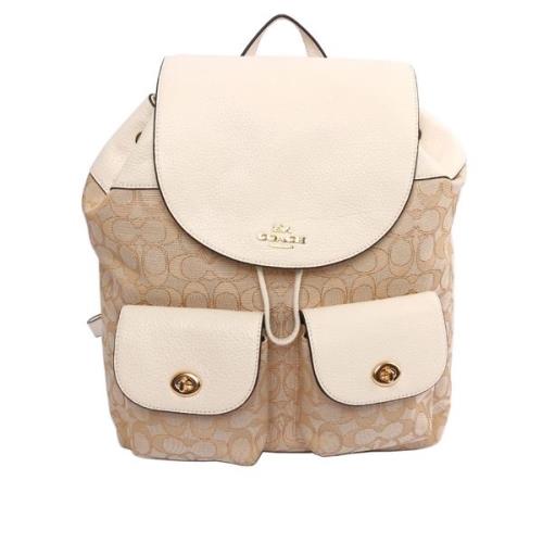 COACH C LOGO束口翻蓋緹花布後背包(白)