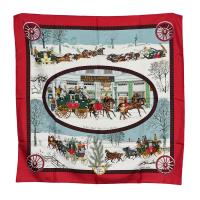 HERMES 經典Lhiver en Poste系列冬令馬車街景圖騰絲質方巾/披巾(玫紅-90X90cm)