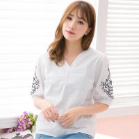 V領露背公主袖刺繡短袖上衣(共二色)lingling中大尺碼