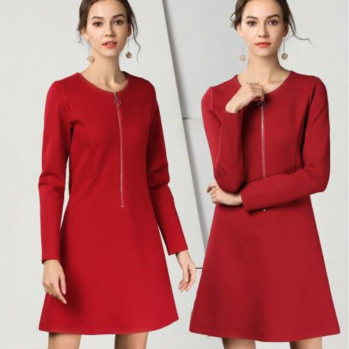 麗質達人 - 79132紅色拉鍊洋裝