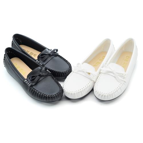 【cher美鞋 】MIT蝴蝶結手縫平底豆豆美鞋-白色/黑色-0720831620-03