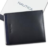 【Nautica】牛皮夾 藍白條紋設計 獨立卡夾 品牌盒裝/黑色