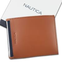 【Nautica】牛皮夾 藍白條紋設計 獨立卡夾 品牌盒裝/棕色