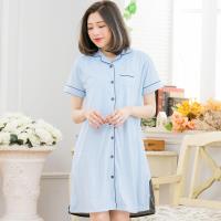 素面撞色襯衫式哺乳孕婦家居連身裙睡衣(自在藍)全尺碼lingling日系