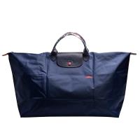 LONGCHAMP 經典Collection系列刺繡摺疊暗釦/拉鍊短提把尼龍水餃包(XL-海軍藍色)