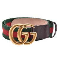 GUCCI 經典仿舊金色金屬雙G LOGO綠紅綠織帶牛皮釦式腰帶/皮帶(深棕)