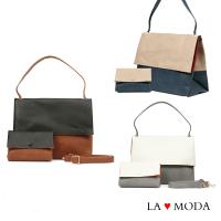 La Moda經典品牌Look設計款拼接撞色肩背斜背子母包 (共3色)