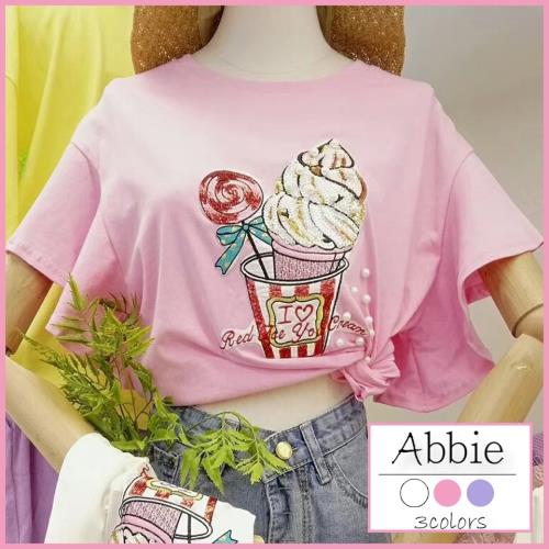 【Abbie】韓版亮片釘珠荷葉袖T恤