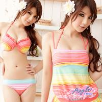 天使霓裳 亮彩條紋三件式鋼圈比基尼泳裝(彩L,XL) RG310201