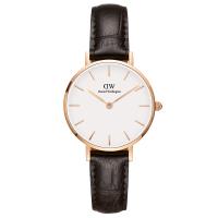 DW Daniel Wellington 時尚約克棕色壓紋皮帶石英腕錶-金框/28mm(DW00100232)