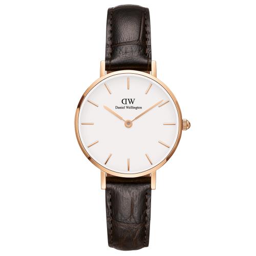 DW Daniel Wellington 時尚約克棕色壓紋皮帶石英腕錶-金框/28mm(DW00100232)