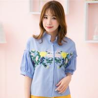 優雅刺繡花圖樣全開釦短袖襯衫上衣(共二色)lingling中大尺碼