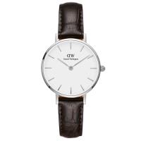 DW Daniel Wellington 時尚約克深棕色壓紋皮帶石英腕錶-銀框/28mm(DW00100244)