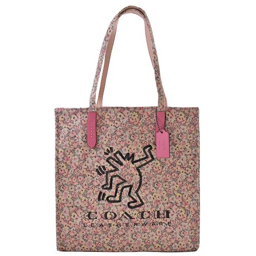 COACH KEITH HARING小花塗鴉帆布托特包(粉紅)