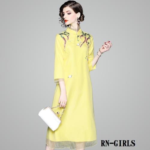 RN－girls-精品中國風花草刺繡歐根紗寬鬆七分袖洋裝