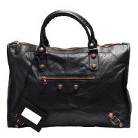 Balenciaga 經典Giant Weekender山羊皮大玫瑰金釦手提/肩背機車包(黑-展示品)