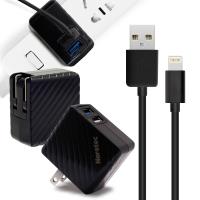 Noratec 商檢認證 QC3.0/3A/18W 閃充 雙USB輸出 + iPhone 8pin線-黑色組