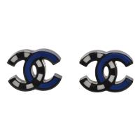 CHANEL 經典雙C LOGO撞色造型穿式耳環(藍X黑)