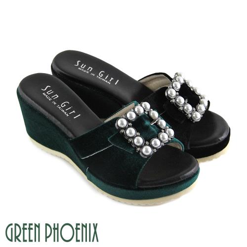 GREEN PHOENIX 立體珍珠方型壓克力水鑽絨布輕量楔型拖鞋U27-20865