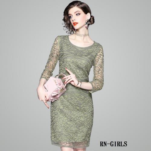 RN－girls-精品亮片盤絲花圓領七分袖小禮服洋裝