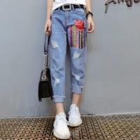 【JimmyWang】 大碼中腰刷破愛心方塊亮片牛仔褲 L-5XL