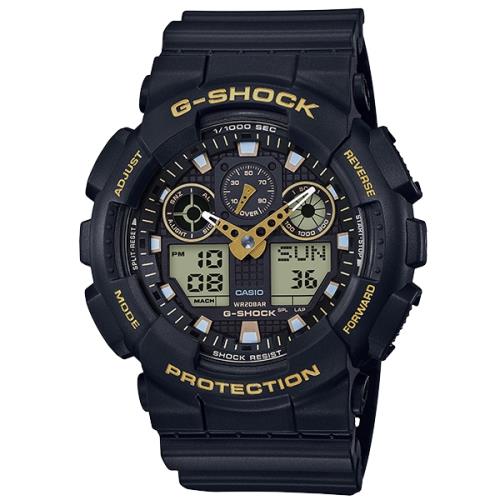 【CASIO 卡西歐】G-SHOCK 簡約時尚潮流雙顯腕錶-黑x金(GA-100GBX-1A9)