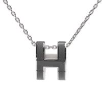 HERMES 經典Pop H立體簍空橢圓LOGO項鍊(暗灰X銀)