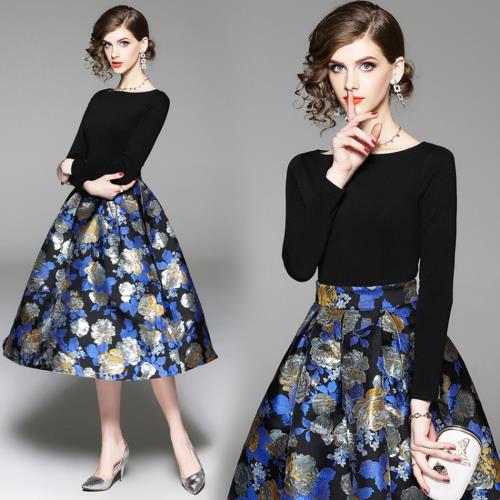 M2M-箔藍銀花收腰洋裝-S~XL