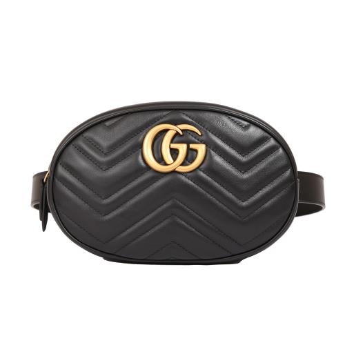 GUCCI Marmont 斜紋皮革復古金屬LOGO手拿腰包胸掛包(大款-85cm黑色)