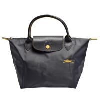 LONGCHAMP 經典Collection系列刺繡摺疊暗釦/拉鍊短提把尼龍水餃包(小-鐵灰色)