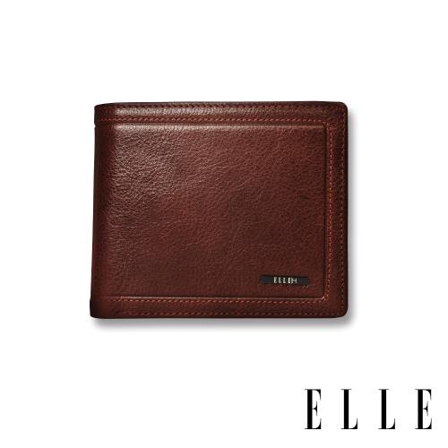 【ELLE HOMME】金屬Logo系列-6卡三折窗格真皮皮夾/短夾/零錢袋- 紳士棕EL207048