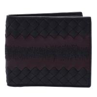 BOTTEGA VENETA 經典編織小羊皮車縫漸層色皮革拼接圓皮對摺短夾(黑X酒紅)