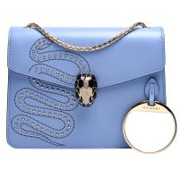 BVLGARI 經典Serpenti Forever系列小牛皮蛇形車紋鉚釘鑲嵌琺瑯蛇頭釦環金鍊肩斜包(小_玉髓瑪瑙色-附鏡子)