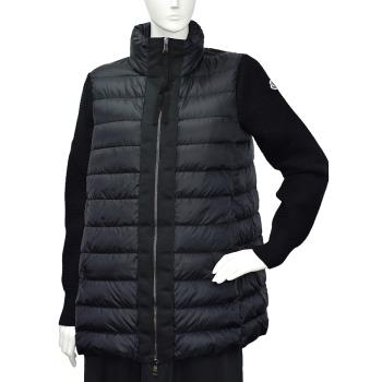 MONCLER 經典品牌LOGO立領拼接針織手袖長版羽絨夾克(黑)