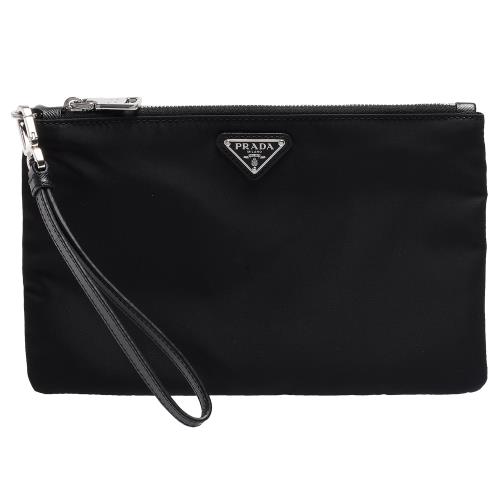 PRADA 經典銀色三角LOGO尼龍萬用拉鍊掛腕/手拿包(黑-6卡) 