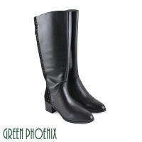 GREEN PHOENIX 異材質拼接壓克力水鑽全真皮粗高跟長靴U35-27568