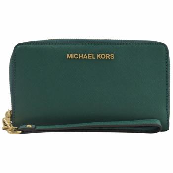 MICHAEL KORS JET SET金LOGO手提式拉鍊中長夾.祖母綠