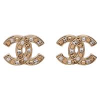 CHANEL 經典雙C LOGO雙色方鑽排列鑲嵌穿式耳環(金)