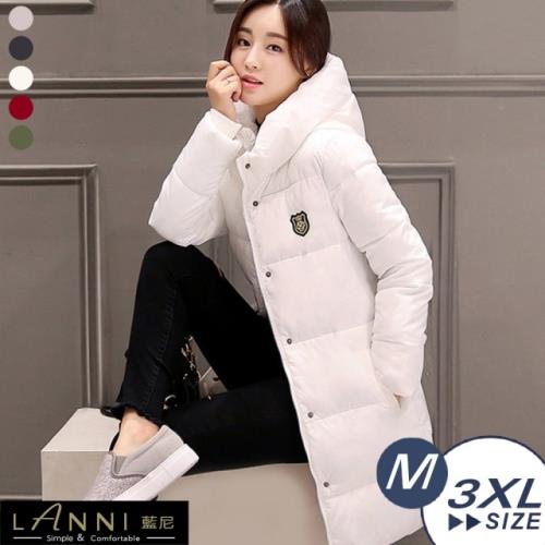 LANNI 藍尼-徽章立領中長版保暖羽絨棉長版連帽外套 M-3XL (5色)