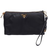 PRADA TESSUT 經典金色浮雕LOGO尼龍掛腕/手拿包(黑)