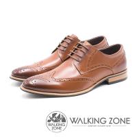 WALKING ZONE 雕花壓紋尖頭綁帶車縫男皮鞋-棕(另有黑)
