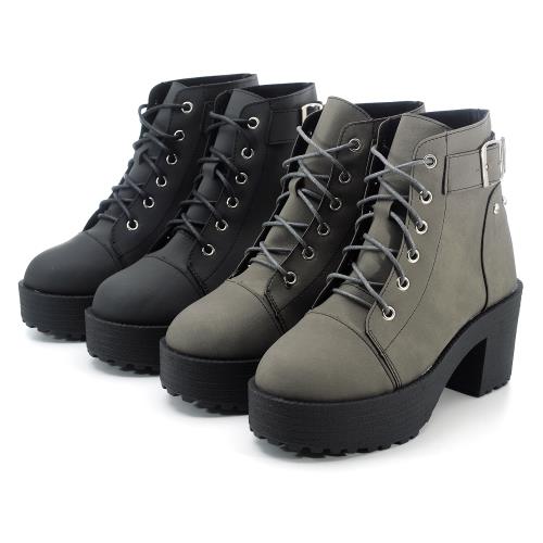 【 cher美鞋】MIT側飾釦質感個性粗跟短靴-黑色/灰色 -36-40碼 0721122160-18