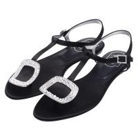 ROGER VIVIER 經典金屬方框造型水鑽鑲嵌T字夾腳平底涼鞋(黑)